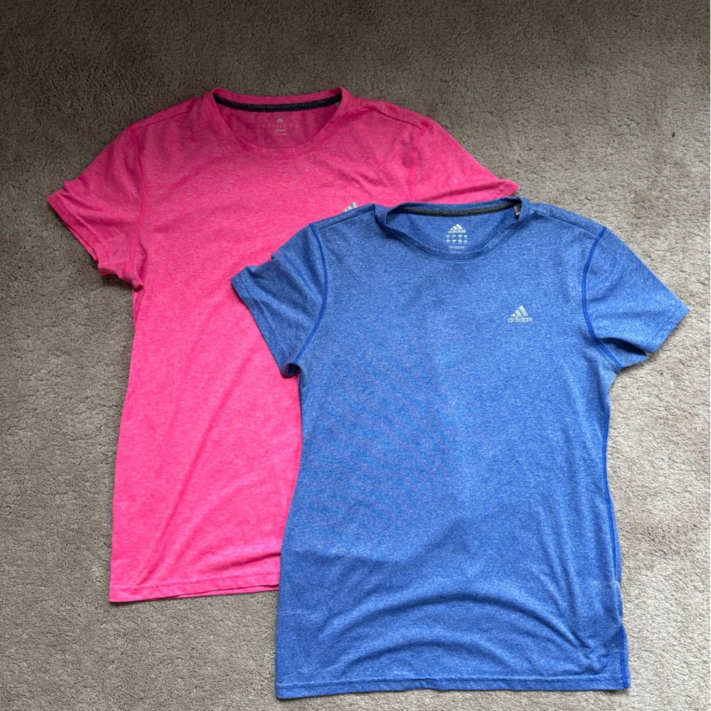2 Adidas Blue and Pink Athletic T-Shirts